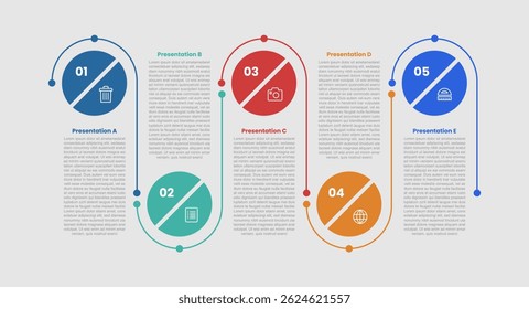 5 stage infographic diagram with big circle slice with line connection journey up and down with 5 step for slide presentation vector