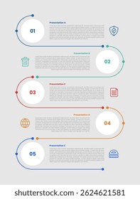 5 stage infographic diagram with open box line container with circle badge and vertical line connection zig zag with 5 step for slide presentation vector
