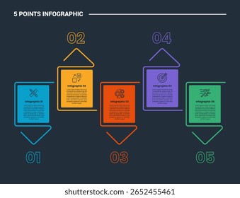 Diagrama de proceso de infografía de 5 etapas con caja simple con dirección de flecha de triángulo hacia arriba y hacia abajo con fondo oscuro Vector de estilo de contorno brillante
