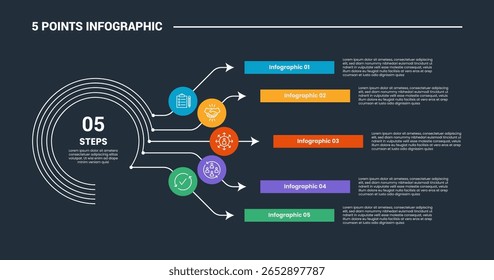 Diagrama de processo infográfico de 5 estágios com linha de círculo grande e linha de seta longa espalhando direção direita com fundo escuro brilhante vetor estilo contorno