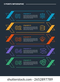 Diagrama de proceso de infografía de 5 etapas con forma de X en el borde con Vertical apilada con fondo oscuro Vector de estilo de contorno brillante