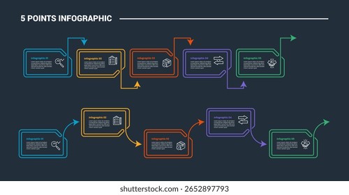 Diagrama de processo infográfico de 5 estágios com forma de pasta com linha dupla para cima e para baixo com fundo escuro vetor de estilo de contorno brilhante