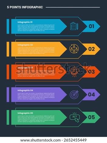 5 stage infographic process diagram with creative arrow stacked layer on vertical list with dark background bright outline style vector