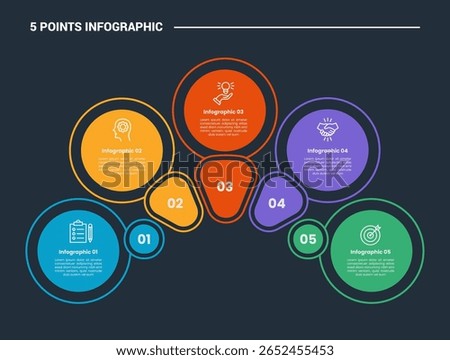 5 stage infographic process diagram with big circle with round triangle on half cycle circular with dark background bright outline style vector