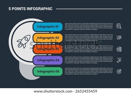 5 stage infographic process diagram with big circle and round rectangle header stacked vertical list with dark background bright outline style vector