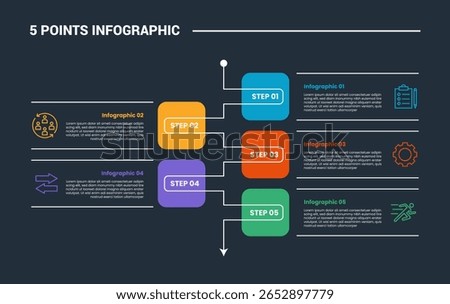 5 stage infographic process diagram with round box stacked vertical list with line connection with dark background bright outline style vector