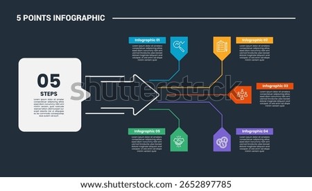 5 stage infographic process diagram with arrow big shape with long line spreading horizontal direction with dark background bright outline style vector