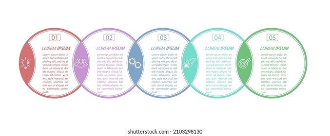 5 stages of development, improvement or training. Infographics with visual action icons for business, finance, project, plan or marketing. Flat vector style