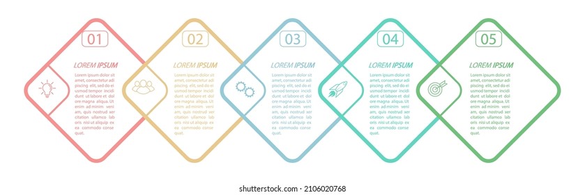5 stages of development, improvement or training. Infographics with visual action icons for business, finance, project, plan or marketing. Flat vector style