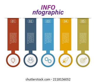 5 etapas de desarrollo, mejora o capacitación. Infografías con iconos de acción visual para negocios, finanzas, proyectos, planes o marketing. Estilo vectorial plano