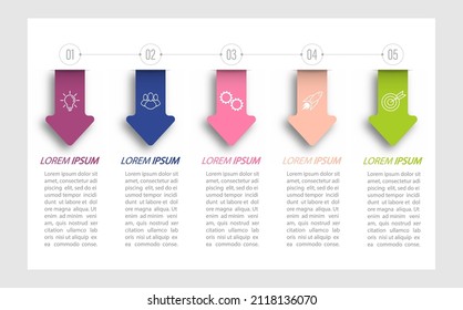 5 stages of development, improvement or training. Infographics with visual action icons for business, finance, project, plan or marketing. Flat vector style