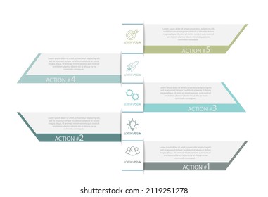 5 stages of development, improvement or training. Infographics with visual action icons for business, finance, project, plan or marketing. Flat vector style