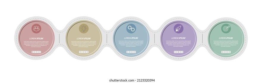 5 Stufen der Entwicklung, Verbesserung oder Ausbildung. Infografiken mit visuellen Action-Symbolen für Unternehmen, Finanzen, Projekt, Plan oder Marketing. Flacher Vektorstil
