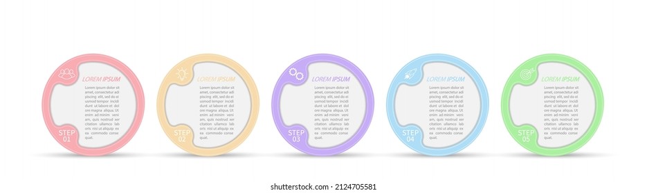 5 stages of development, improvement or training. Infographics with visual action icons for business, finance, project, plan or marketing. Flat vector style