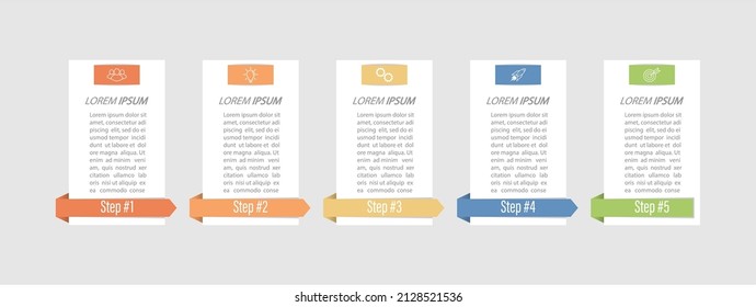 5 stages of development, improvement or training. Infographics with visual action icons for business, finance, project, plan or marketing. Flat vector style