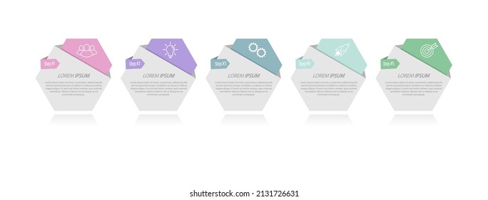 5 Stufen der Entwicklung, Verbesserung oder Ausbildung. Infografiken mit visuellen Action-Symbolen für Unternehmen, Finanzen, Projekt, Plan oder Marketing. Flacher Vektorstil