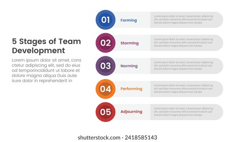 5 stages team development model framework infographic 5 point stage template with round circle rectangle stack vertical for slide presentation