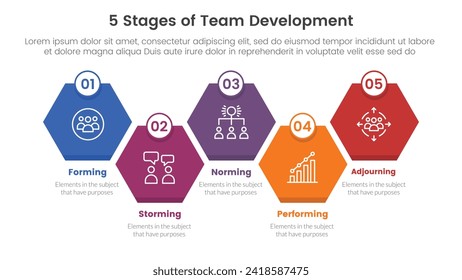 5 etapas modelo de desarrollo de equipo infografía de 5 puntos de plantilla de fase con combo de abeja hexagonal de diamante arriba y abajo dirección correcta para presentación de diapositivas