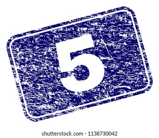 5 stamp seal print with grunge style. Seal shape is a rounded rectangle with frame. Blue vector rubber print of 5 label with unclean style.
