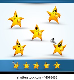 5 Star Character Icons, Pointing Left and Right, Smiling, Blinking, and Making Announcement in a Megaphone