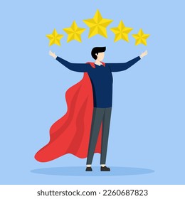 5 star expert, award winning or best rating concept, excellence or great service, professional quality and good reputation, businessman superhero bring big gold customer 5 star rating feedback.