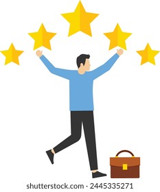 5 star expert, award-winning or best rating concept, excellence or great service, professional quality and good reputation, businessman superhero bring big gold customer 5-star rating feedback.