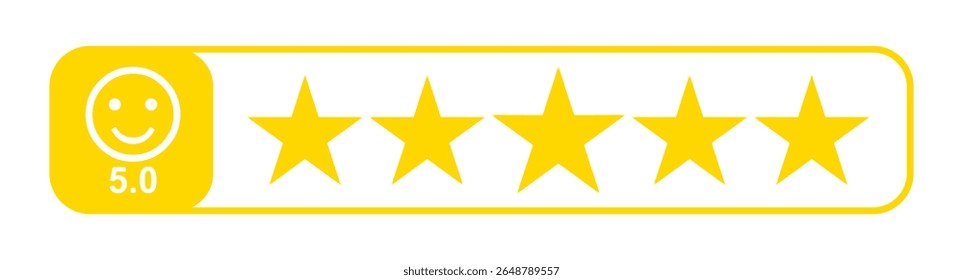 5 star icon. symbol of customers rating for product or service. yellow five star sign with text for app, website, ui design element. transparent png and vector illustration