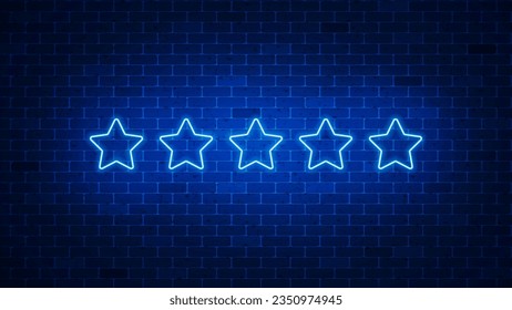 5 star neon sign. Glowing five stars rating icon. Vector illustration