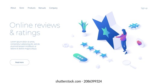 5 star positive feedback in social media. Customer survey as marketing service. Modern isometric vector illustration design. Web banner layout template for website.