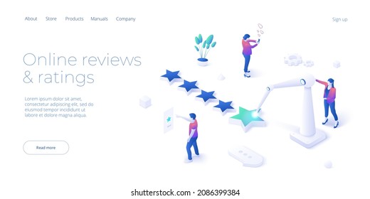 5 star positive feedback in social media. Customer survey as marketing service. Modern isometric vector illustration design. Web banner layout template for website.