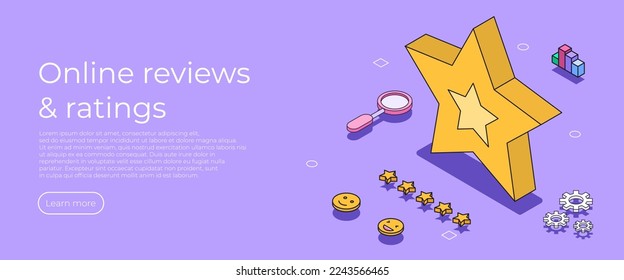 5 star positive feedback in social media. Online reviews rating. Vector isometric illustration