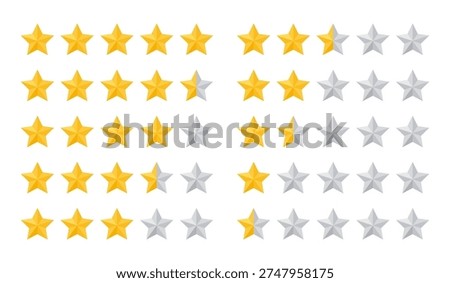 5 star rate. Five review icons. Yellow gray feedback rating signs. Satisfaction golden mark. Product evaluation rank isolated on white background. Appraisal system quality. Vector illustration.