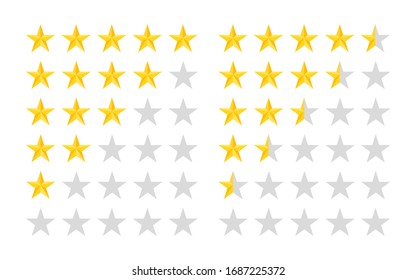 5 star rate icons. Five rating stars on white background. Customer review or feedback. 5 row. Gold yellow star ranking. Button for service, success, classification, evaluation, mark quality. Vector.