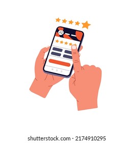 5 star rate, positive feedback of customer. Hands tapping on mobile phone screen for best rank of app application, service satisfaction. Flat vector illustration isolated on white background