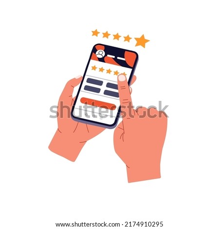5 star rate, positive feedback of customer. Hands tapping on mobile phone screen for best rank of app application, service satisfaction. Flat vector illustration isolated on white background