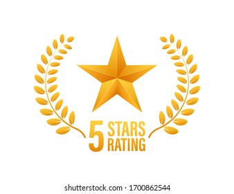 5 star rating. Badge with icons on white background. Vector illustration.