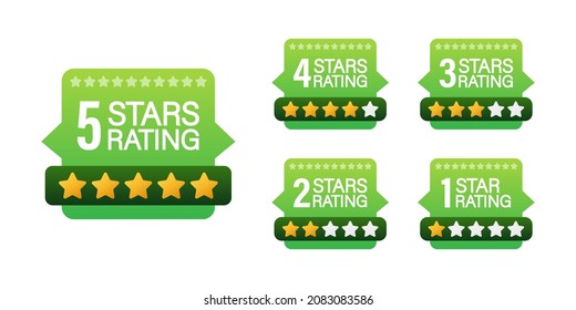 5 star rating. Badge with icons on white background. Vector stock illustration.