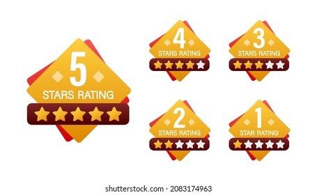 5 estrellas. Insignia con iconos en fondo blanco. Ilustración de material vectorial.