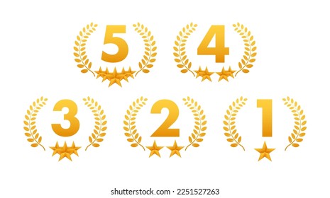 5 star rating. Badge with icons on white background. Vector illustration.