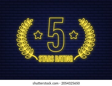 5 star rating. Badge with neon icon. Customer review rating