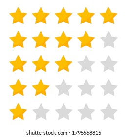 5 star of rating. Customer review. Icon of evaluate and vote. Feedback with customers. Five yellow gold stars for ranking in row. Rank of quality, product and hotel. Background for app and ui. Vector.