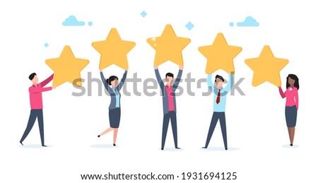 5 star rating. Flat people holding five golden stars. Social media product review, men and women vote online, customer rating quality and feedback vector cartoon concept isolated on white background