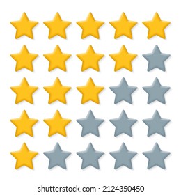 5 star rating icon set. 3d stars for rate, review, ranking, customer feedback. Best choice concept. Vector illustration.