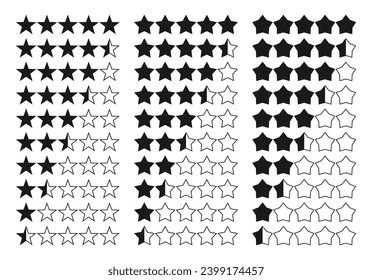 Juego de iconos de clasificación de 5 estrellas. total y media estrella. ilustración vectorial aislada en fondo blanco.