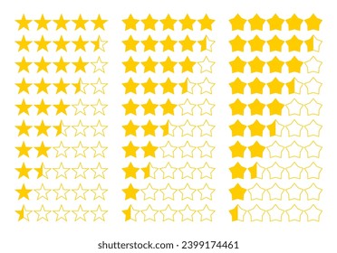 Juego de iconos de clasificación de 5 estrellas. total y media estrella. ilustración vectorial aislada en fondo blanco.