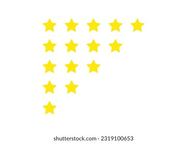Ilustración vectorial de icono de clasificación de 5 estrellas. Insignia aislada para sitio web o aplicación - infografía de stock.Clasificación de estrella en amarillo. Calificación de producto de cinco estrellas para clientes. Aislado sobre un fondo blanco. Eps 10.
