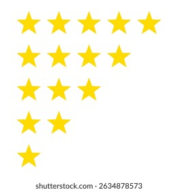 5 star rating icon vector illustration. Isolated badge for website or app infographics.
5 star review. Five gold stars icon,service rate or quality feedback sign. Yellow stars customer product rating.