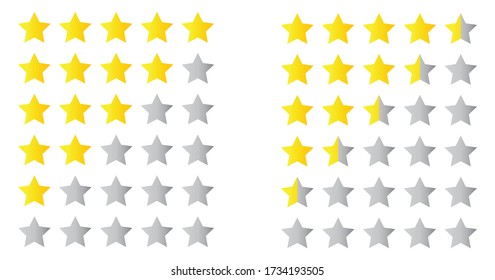 5 star rating icons. Five rate stars on white background. Customer review with gold stars and half star. Vector of product rating. Buttons badge for website or app, mark quality, classification.