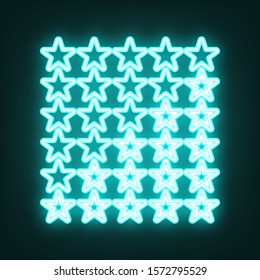 5 star rating sign. Cyan neon icon in the dark. Bluring. Luminescence. Illustration.