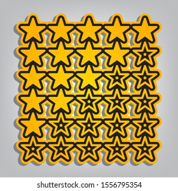 5 star rating sign. Flat orange icon with overlapping linear black icon with gray shadow at whitish background. Illustration.